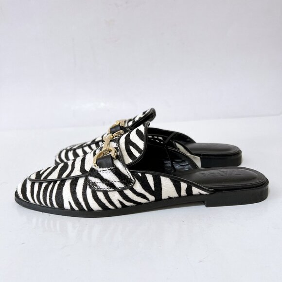 NEW ZARA Calf Hair Leather Zebra Print Mules Open Back Loafer - Picture 8 of 16